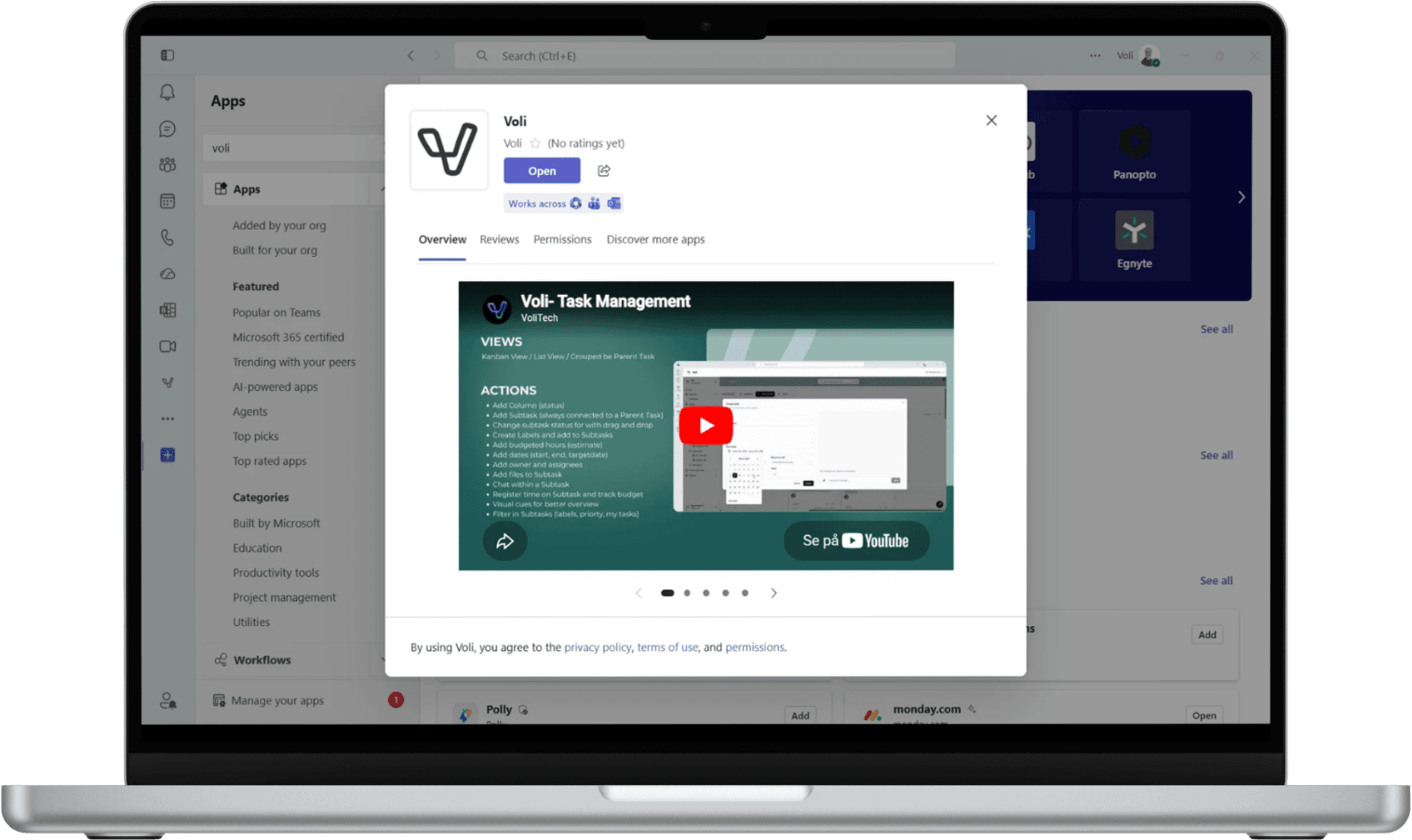 VOLI Projects kanban board in Microsoft Teams
