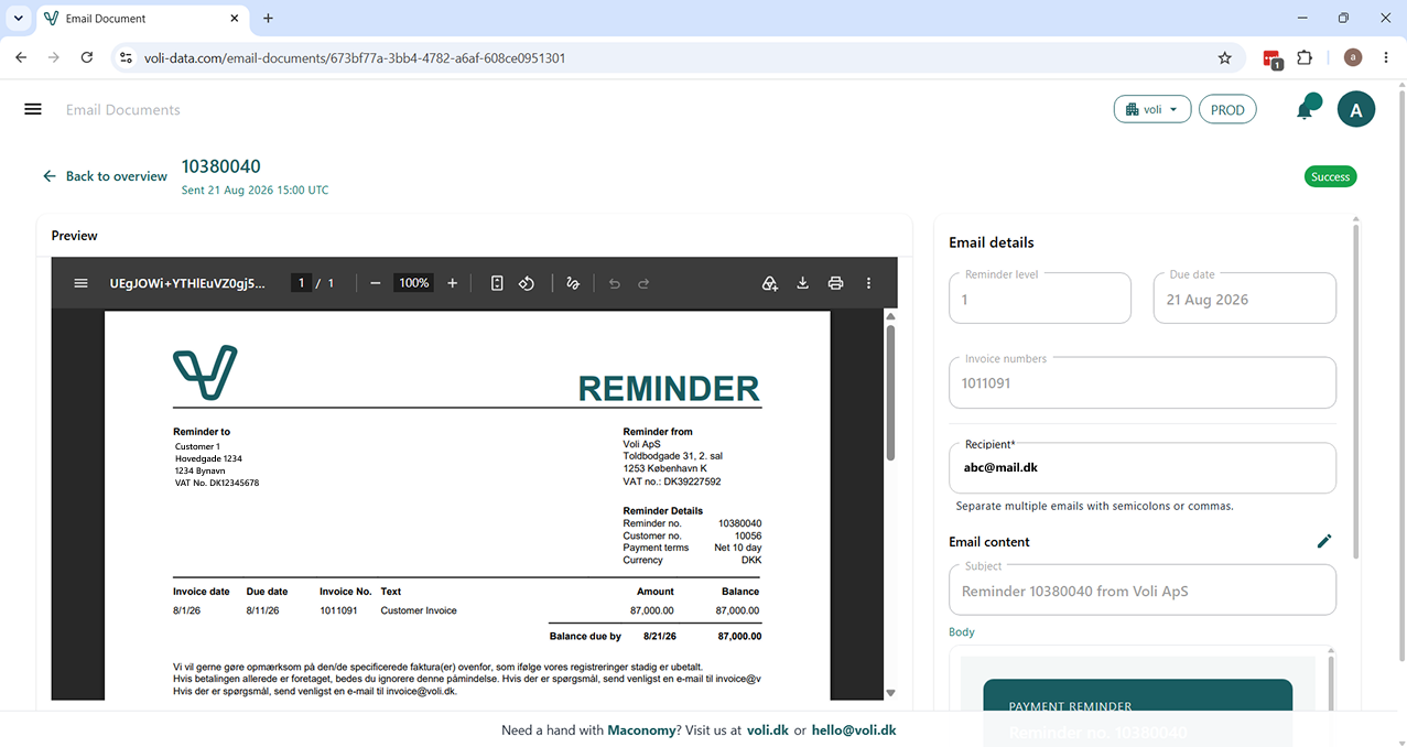 Statement of account reminder with overdue invoices and email content